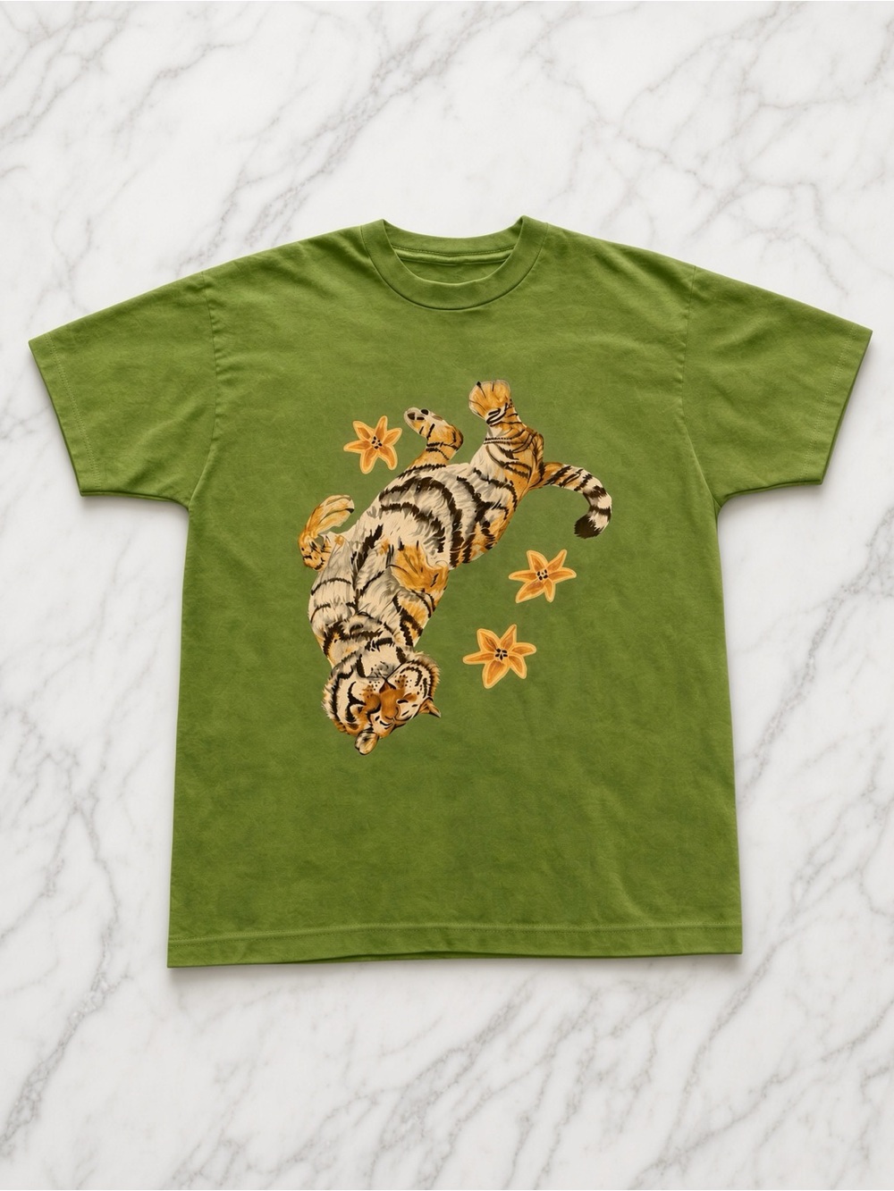 Gildan Olive Green Short-Sleeve Tee with Tiger & Floral Graphic